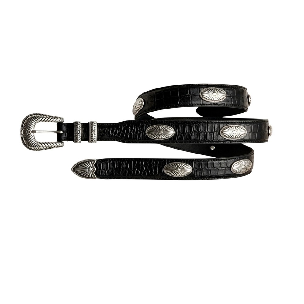 Fossil Western Concho Belt Womens 34 Black Croco Embossed Leather GUC MB3020